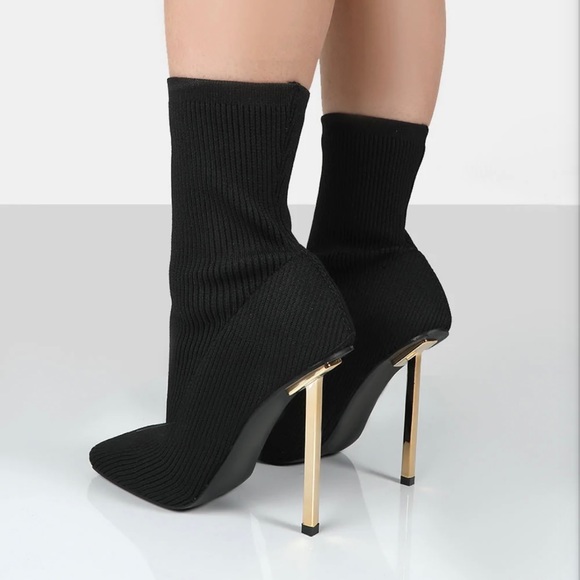 Black & Gold Square Toe Sock High Heel Booties - Picture 3 of 4